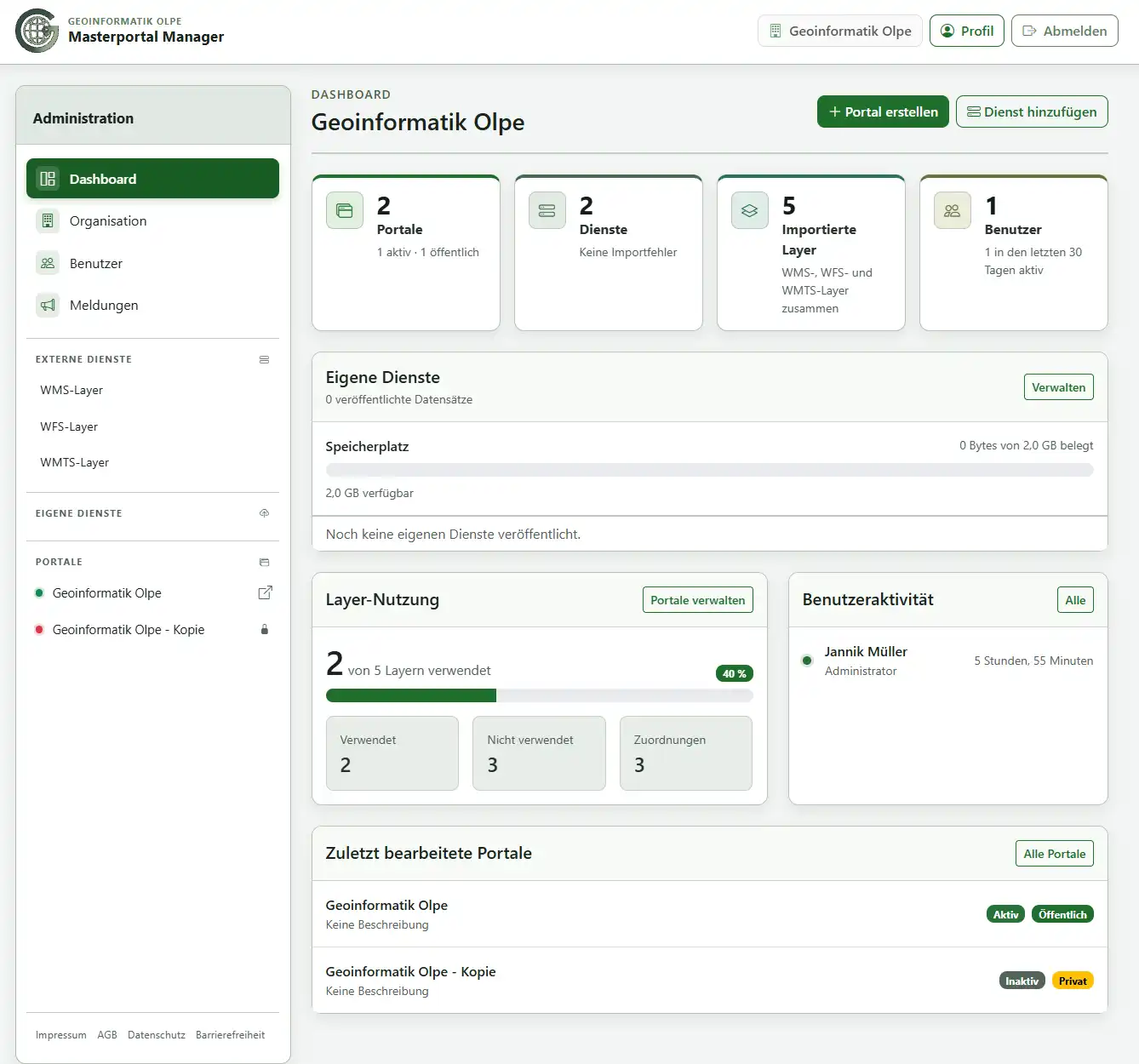 Oberfläche des Masterportal Managers